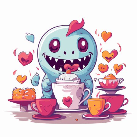 Illustration for Cute cartoon monster with a cup of hot coffee. Vector illustration. - Royalty Free Image