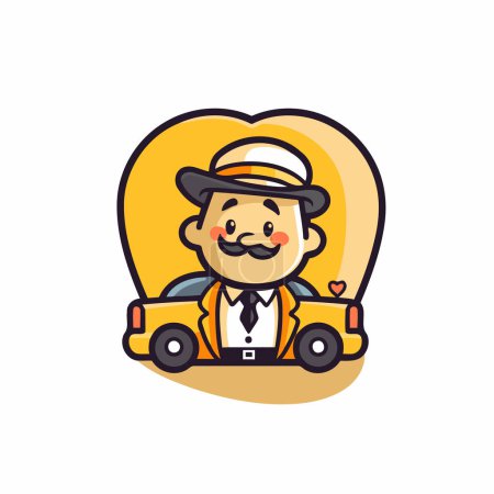 Téléchargez les illustrations : Illustration vectorielle de dessin animé chauffeur de taxi rétro. Conception de style plat pour application web et mobile - en licence libre de droit