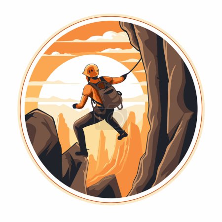 Illustration for Vector illustration of a rock climber climbing on a cliff in the mountains. - Royalty Free Image