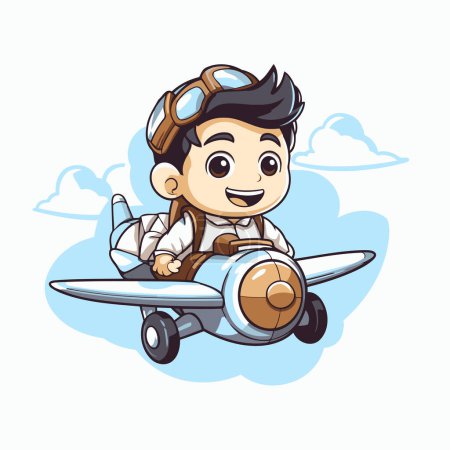 Téléchargez les illustrations : Mignon garçon pilote avec avion. Illustration vectorielle. Cartoon style. - en licence libre de droit
