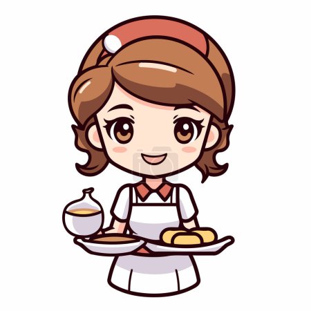 Illustration for Cute Cartoon Waitress Holding Tray Of Food Vector Illustration. - Royalty Free Image