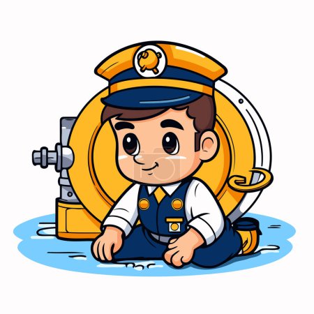 Illustration for Policeman Wearing Uniform Sitting In Water Cartoon Mascot Character - Royalty Free Image