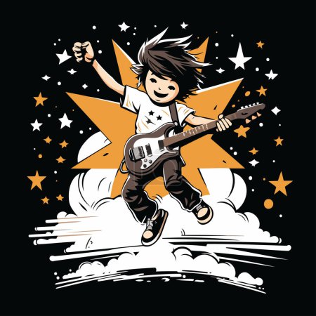 Illustration for Boy playing the electric guitar. Vector illustration on a black background. - Royalty Free Image
