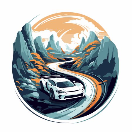 Téléchargez les illustrations : Voiture sur la route dans les montagnes. Illustration vectorielle dans le style dessin animé. - en licence libre de droit