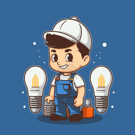 Illustration for Cute cartoon handyman with lightbulbs. Vector illustration. - Royalty Free Image