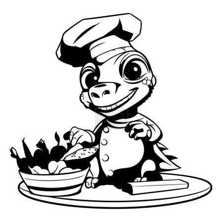 Téléchargez les illustrations : Chef tortue avec une assiette de légumes. illustration vectorielle noir et blanc - en licence libre de droit