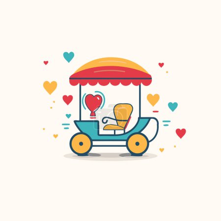 Illustration for Vector illustration in flat linear style - Fast food cart with hearts. - Royalty Free Image