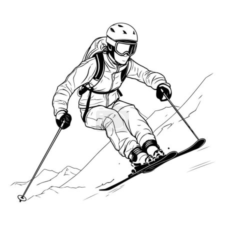 Téléchargez les illustrations : Je skie. Illustration vectorielle noir et blanc du skieur. - en licence libre de droit