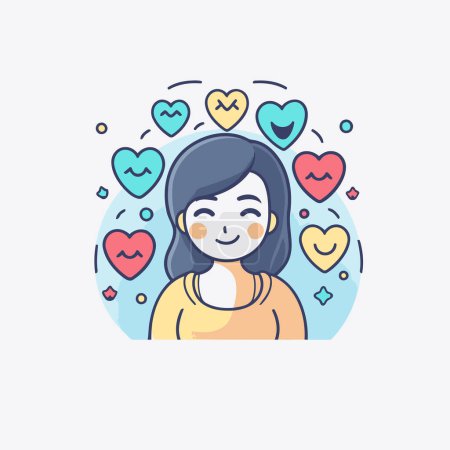 Illustration for Cute girl with hearts around her. Vector illustration in linear style. - Royalty Free Image