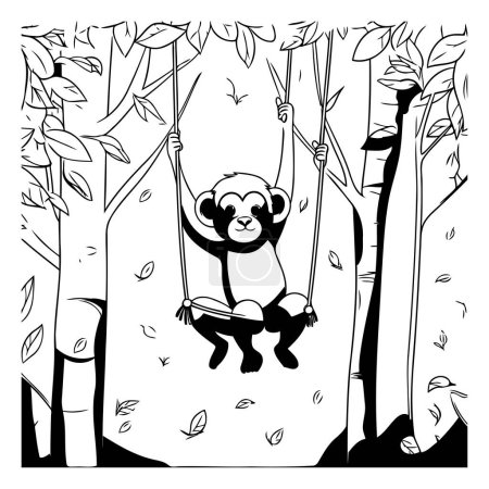 Illustration for Monkey swinging on a swing in the jungle. Black and white vector illustration. - Royalty Free Image