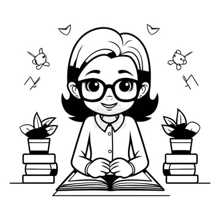 Téléchargez les illustrations : Jolie fille de dessin animé lisant un livre. Illustration vectorielle. Noir et blanc. - en licence libre de droit