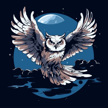 Illustration for Owl flying in the night sky with full moon. Vector illustration. - Royalty Free Image