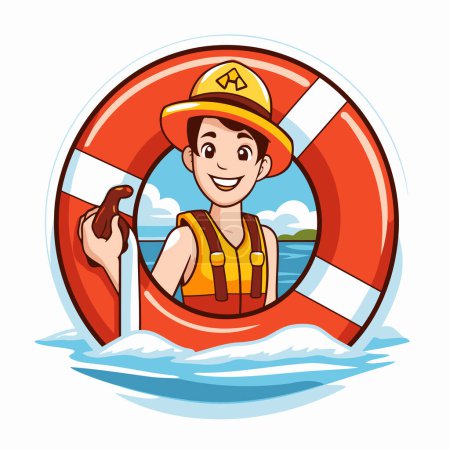 Illustration for Fireman in lifebuoy. Cartoon vector illustration isolated on white background. - Royalty Free Image