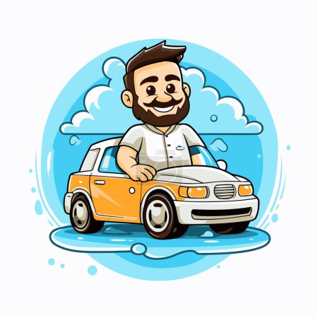 Téléchargez les illustrations : Un homme souriant conduisant une voiture sur la route. Illustration vectorielle. - en licence libre de droit
