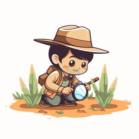 Illustration for Boy exploring nature with magnifying glass. Vector illustration in cartoon style - Royalty Free Image