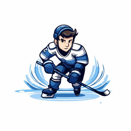 Téléchargez les illustrations : Joueur de hockey sur glace avec le bâton. Illustration vectorielle dans le style dessin animé. - en licence libre de droit