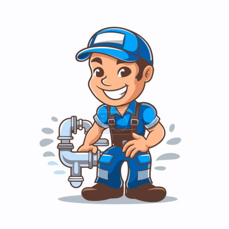 Téléchargez les illustrations : Plombier avec illustration vectorielle de dessin animé tuyau d'eau. Caractère plombier. - en licence libre de droit