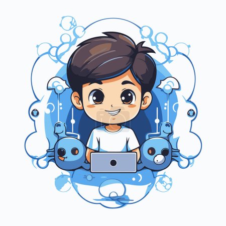 Illustration for Cute boy using laptop in cloud computing concept. Vector illustration. - Royalty Free Image