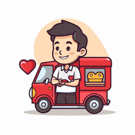 Illustration for Cute boy driving a car with food truck. Vector illustration. - Royalty Free Image