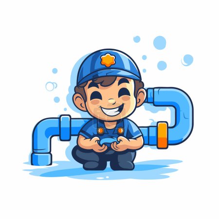 Illustration for Plumber boy playing video game. Cute cartoon vector illustration. - Royalty Free Image