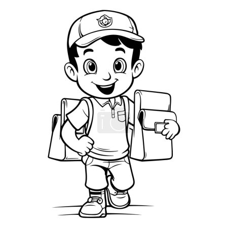 Ilustración de Niño de la escuela de dibujos animados con mochila. Ilustración vectorial. Blanco y negro. - Imagen libre de derechos