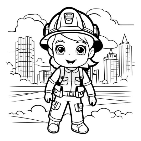 Ilustración de Ilustración de dibujos animados en blanco y negro de lindo personaje bombero para colorear libro - Imagen libre de derechos
