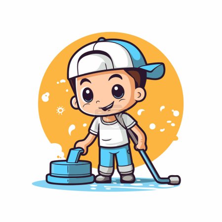 Téléchargez les illustrations : Joli garçon qui nettoie le sol avec une brosse. Illustration vectorielle. - en licence libre de droit