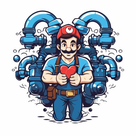 Illustration for Plumber holding a red heart in his hands. Vector illustration. - Royalty Free Image
