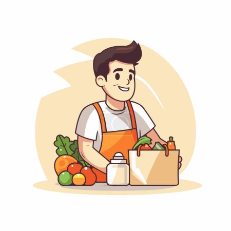 Téléchargez les illustrations : Homme en tablier avec sac plein de légumes frais. Illustration vectorielle. - en licence libre de droit