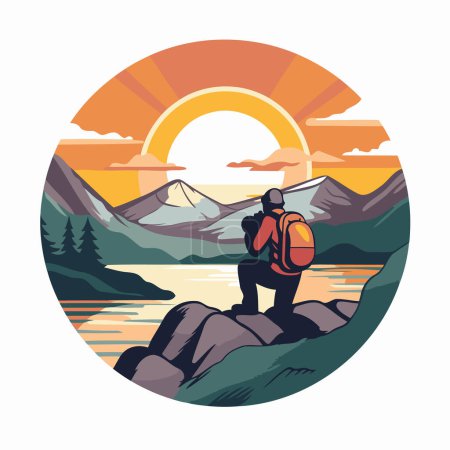 Illustration for Hiker with a backpack on the background of the sunset. Vector illustration. - Royalty Free Image