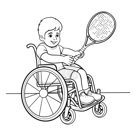 Ilustración de Niño en silla de ruedas jugando al tenis. Libro para colorear para niños. - Imagen libre de derechos