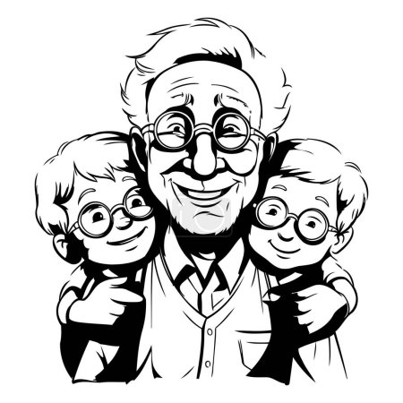 Téléchargez les illustrations : Grand-père avec ses petits-enfants. Illustration vectorielle noir et blanc pour livre à colorier. - en licence libre de droit