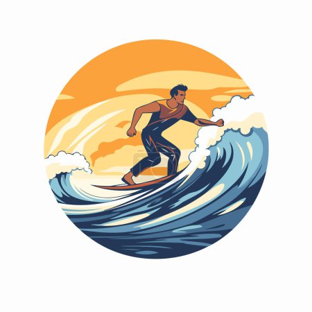 Illustration for Vector illustration of a surfer riding a wave on the sunset background - Royalty Free Image