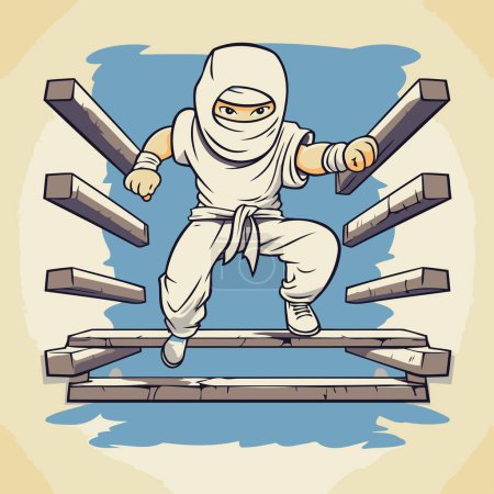 Téléchargez les illustrations : Ninja. Illustration vectorielle d'un ninja debout sur une plateforme en bois. - en licence libre de droit