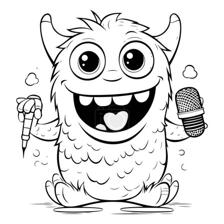 Téléchargez les illustrations : Illustration de dessin animé noir et blanc de personnage de monstre mignon avec microphone pour livre à colorier - en licence libre de droit