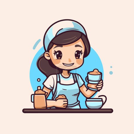 Illustration for Cute little girl cooking in the kitchen. Vector illustration in cartoon style. - Royalty Free Image