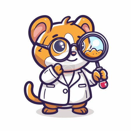 Téléchargez les illustrations : Mignon chat en blouse de laboratoire avec loupe. Illustration vectorielle - en licence libre de droit
