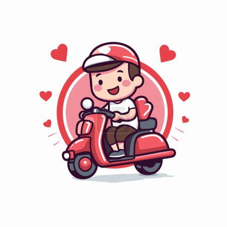Téléchargez les illustrations : Mignon garçon en scooter avec des cœurs autour de lui. Illustration vectorielle. - en licence libre de droit