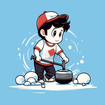 Téléchargez les illustrations : Cartoon boy jouant au hockey sur glace avec une bouilloire. Illustration vectorielle. - en licence libre de droit