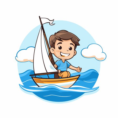 Téléchargez les illustrations : Joli garçon sur un voilier dans la mer. Illustration vectorielle - en licence libre de droit