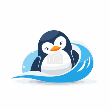 Téléchargez les illustrations : Mignon pingouin sur une vague. Illustration vectorielle en style plat - en licence libre de droit