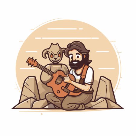 Illustration for Hipster musician sitting on rock and playing guitar. Vector illustration. - Royalty Free Image