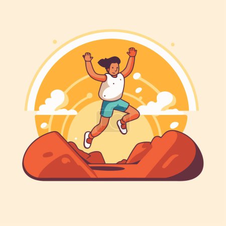 Téléchargez les illustrations : Un homme heureux sautant sur le rocher. Illustration vectorielle en style plat. - en licence libre de droit