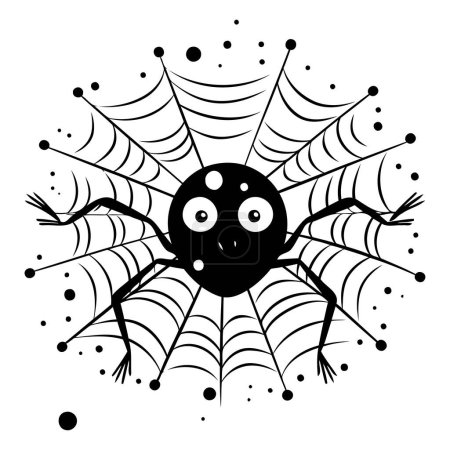 Téléchargez les illustrations : Spider sur la toile. Illustration vectorielle noir et blanc. Isolé sur fond blanc. - en licence libre de droit
