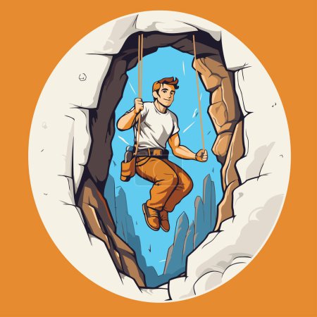 Illustration for Vector illustration of a man climbing in a hole in the rock. - Royalty Free Image