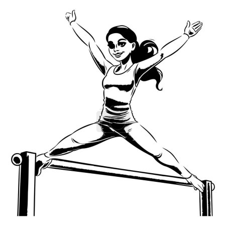 Illustration for Athletic woman jumping on a bar. Black and white vector illustration. - Royalty Free Image