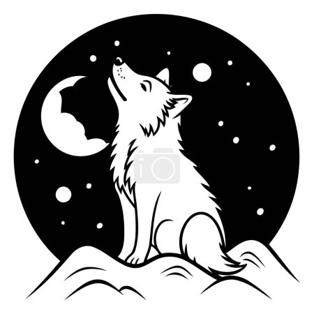 Illustration for Black and white illustration of a wolf howling at the moon. - Royalty Free Image