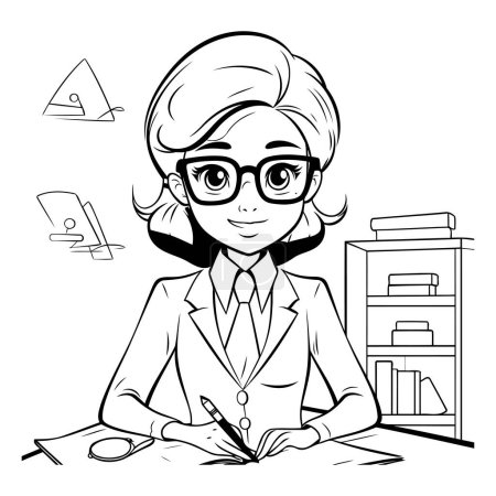 Téléchargez les illustrations : Femme d'affaires travaillant au bureau. Illustration vectorielle noir et blanc. - en licence libre de droit