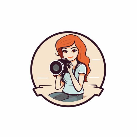 Illustration for Female photographer with camera. Vector illustration in cartoon style on white background. - Royalty Free Image