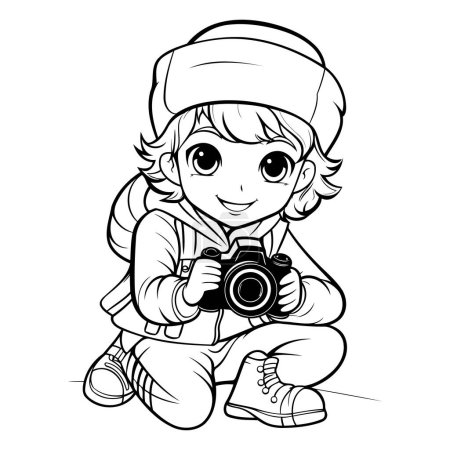Téléchargez les illustrations : Joli petit garçon avec caméra. Illustration vectorielle pour livre à colorier. - en licence libre de droit